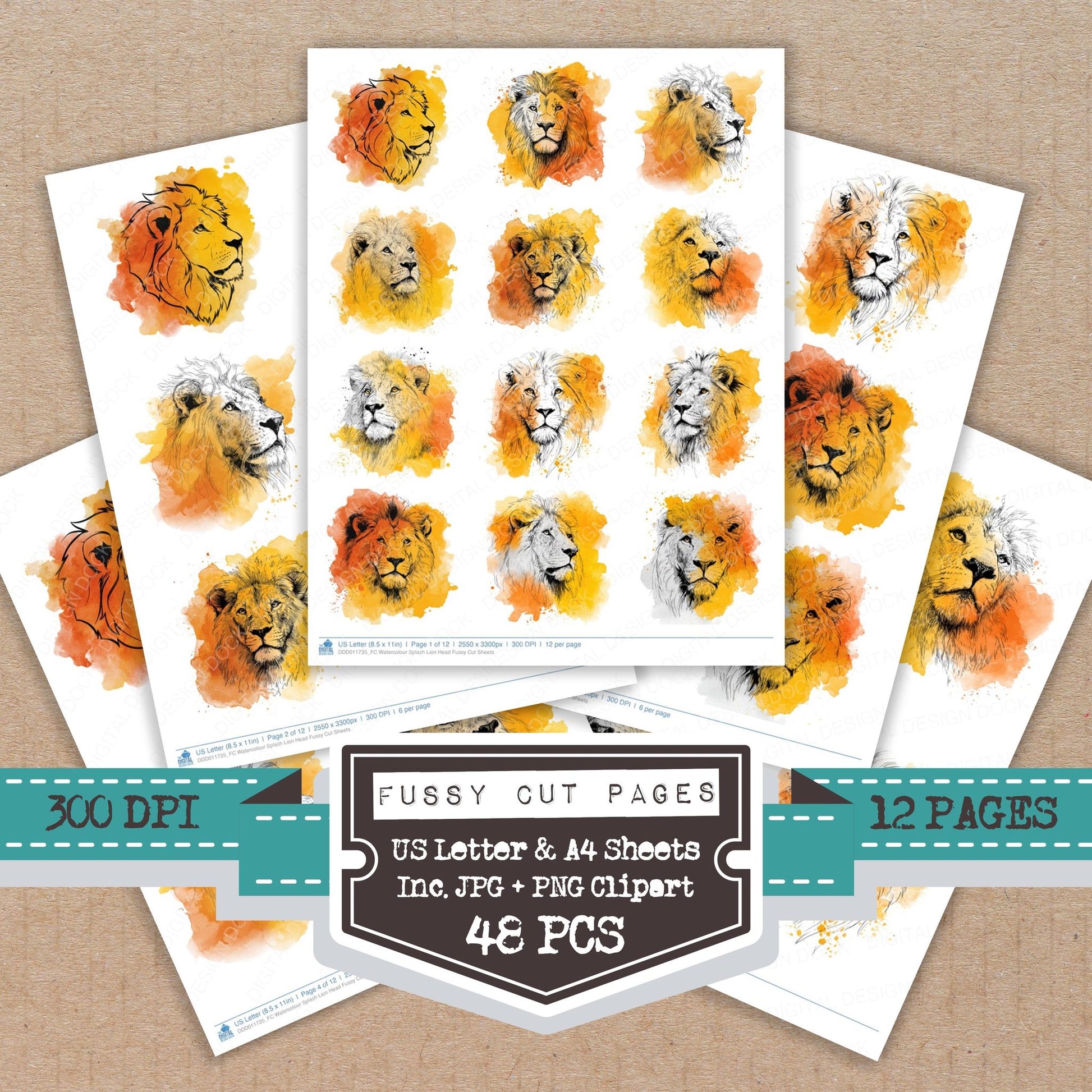 Watercolour Splash Lion Head fussy cut printable sheets for junk journaling, scrapbooking, and paper craft projects