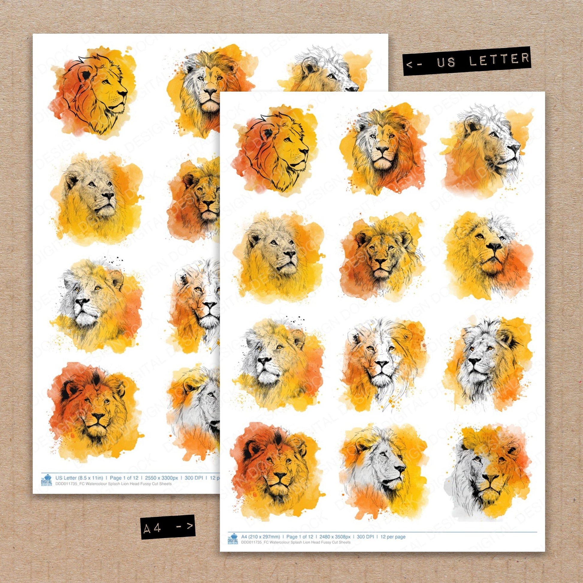 A4 and US Letter format comparison showing Watercolour Splash Lion Head fussy cut pages for print and cut crafting
