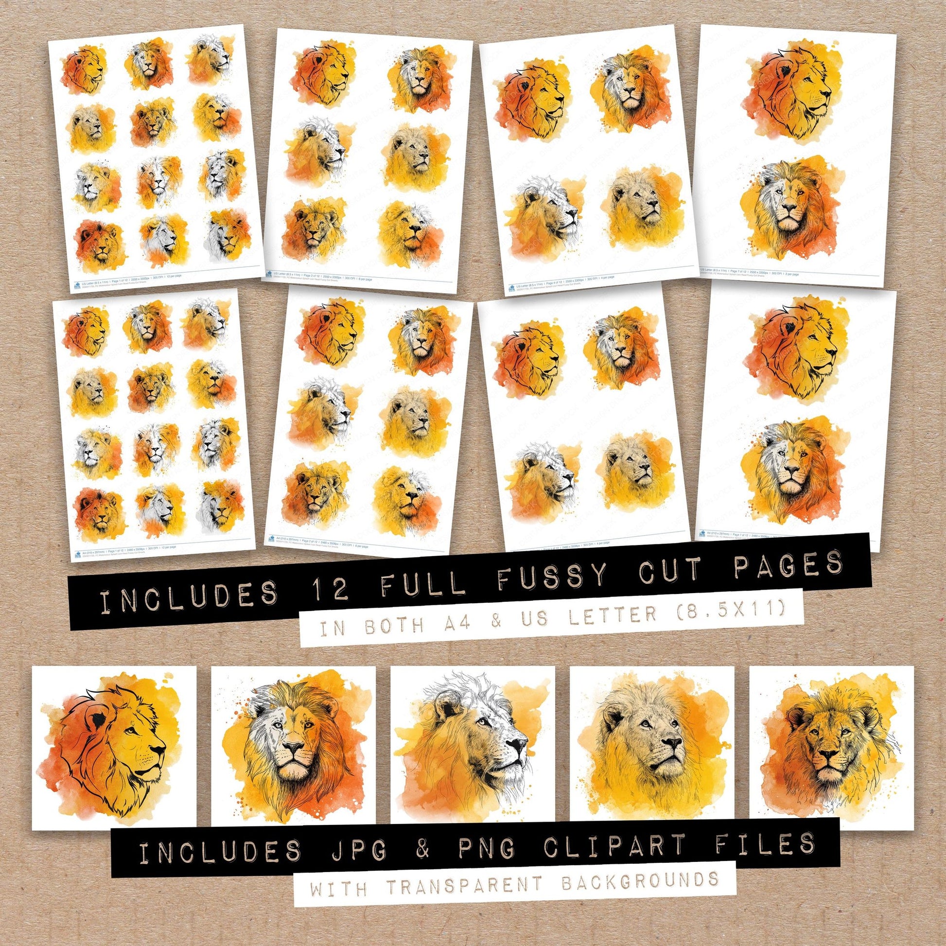 Full collection view of Watercolour Splash Lion Head fussy cut sheets with bonus clipart JPG and PNG files