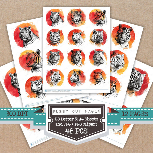 Watercolour Splash Tiger Head fussy cut printable sheets for junk journaling, scrapbooking, and paper craft projects