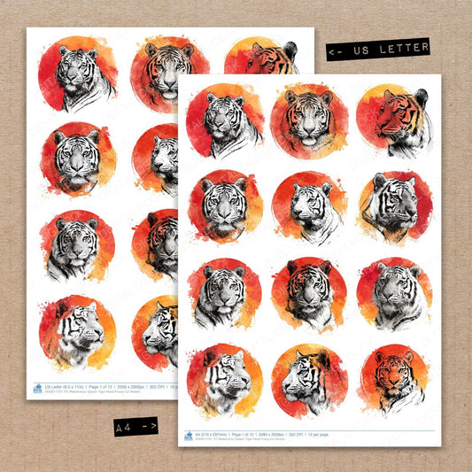 A4 and US Letter format comparison showing Watercolour Splash Tiger Head fussy cut pages for print and cut crafting