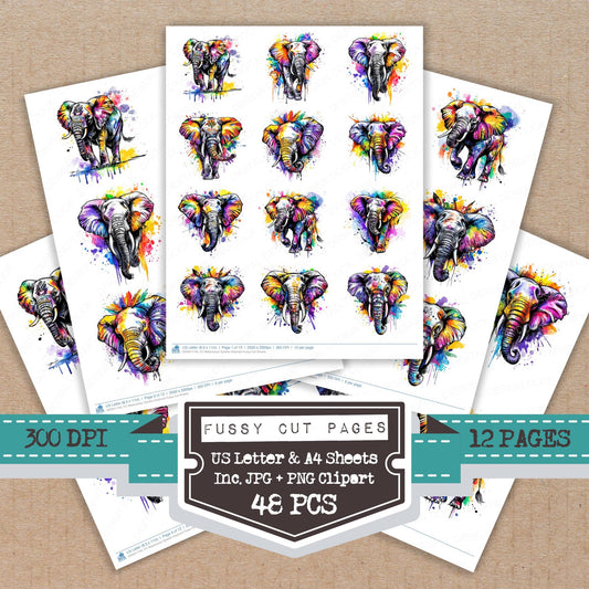 Watercolour Splatter Elephant fussy cut printable sheets for junk journaling, scrapbooking, and paper craft projects