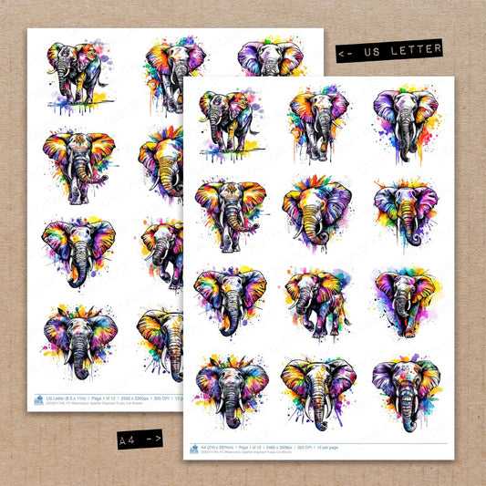 A4 and US Letter format comparison showing Watercolour Splatter Elephant fussy cut pages for print and cut crafting
