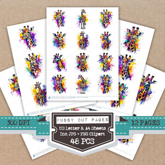 Watercolour Splatter Giraffe fussy cut printable sheets for junk journaling, scrapbooking, and paper craft projects