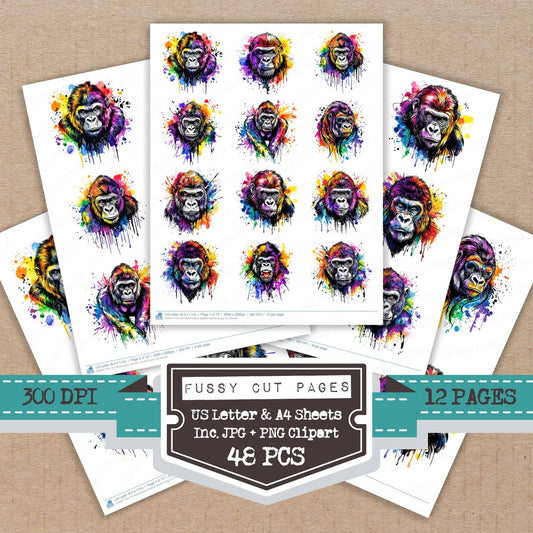 Watercolour Splatter Gorilla fussy cut printable sheets for junk journaling, scrapbooking, and paper craft projects