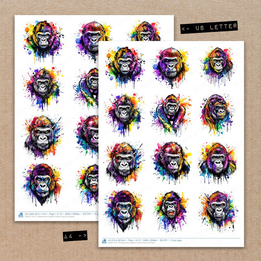 A4 and US Letter format comparison showing Watercolour Splatter Gorilla fussy cut pages for print and cut crafting