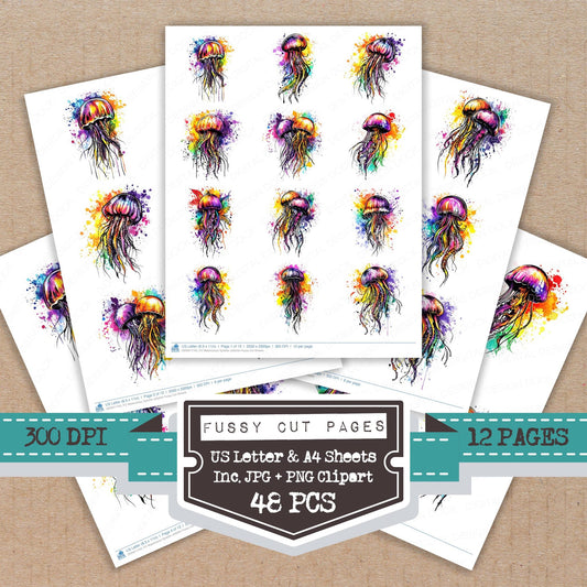 Watercolour Splatter Jellyfish fussy cut printable sheets for junk journaling, scrapbooking, and paper craft projects