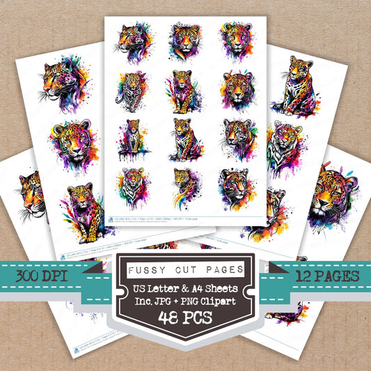 Watercolour Splatter Leopard fussy cut printable sheets for junk journaling, scrapbooking, and paper craft projects