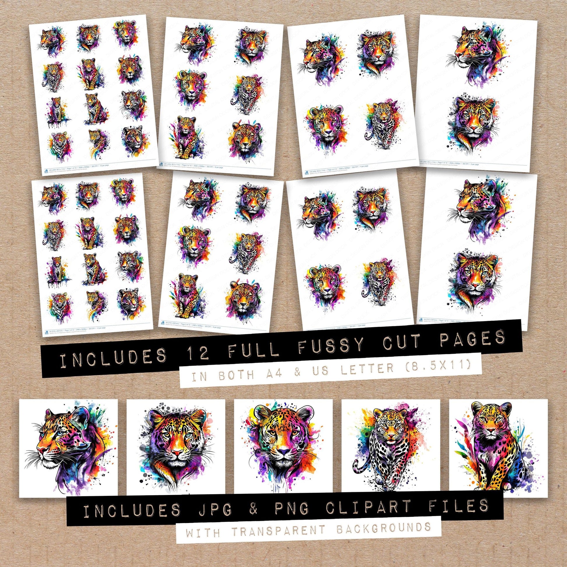 Full collection view of Watercolour Splatter Leopard fussy cut sheets with bonus clipart JPG and PNG files
