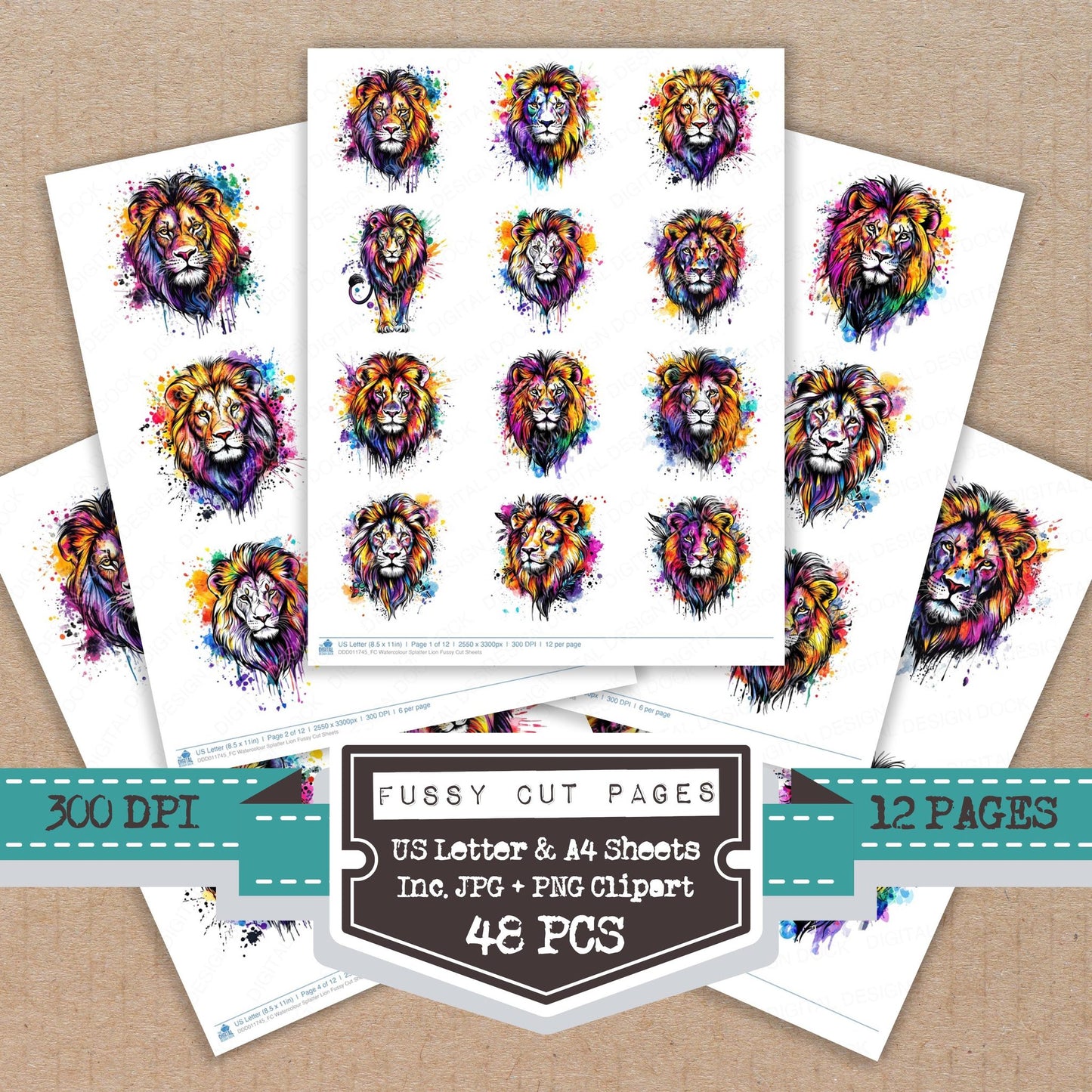Watercolour Splatter Lion fussy cut printable sheets for junk journaling, scrapbooking, and paper craft projects