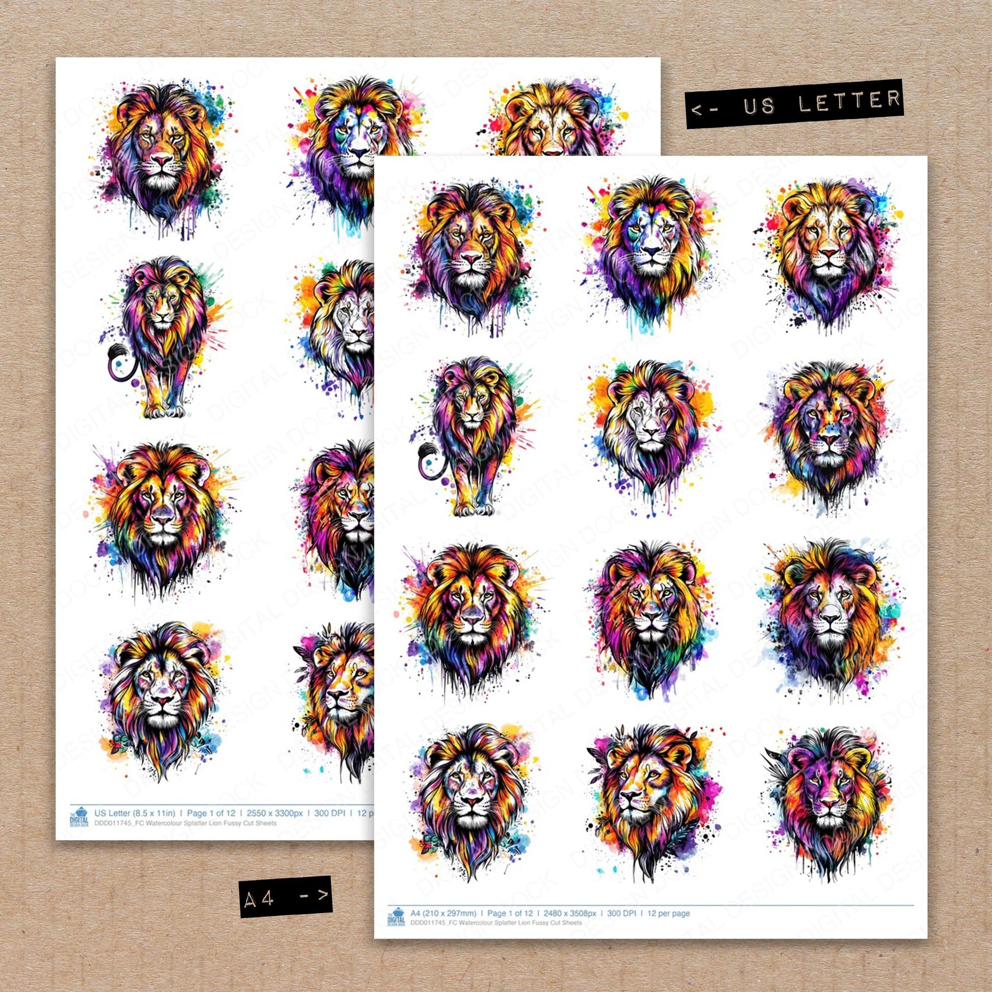 A4 and US Letter format comparison showing Watercolour Splatter Lion fussy cut pages for print and cut crafting