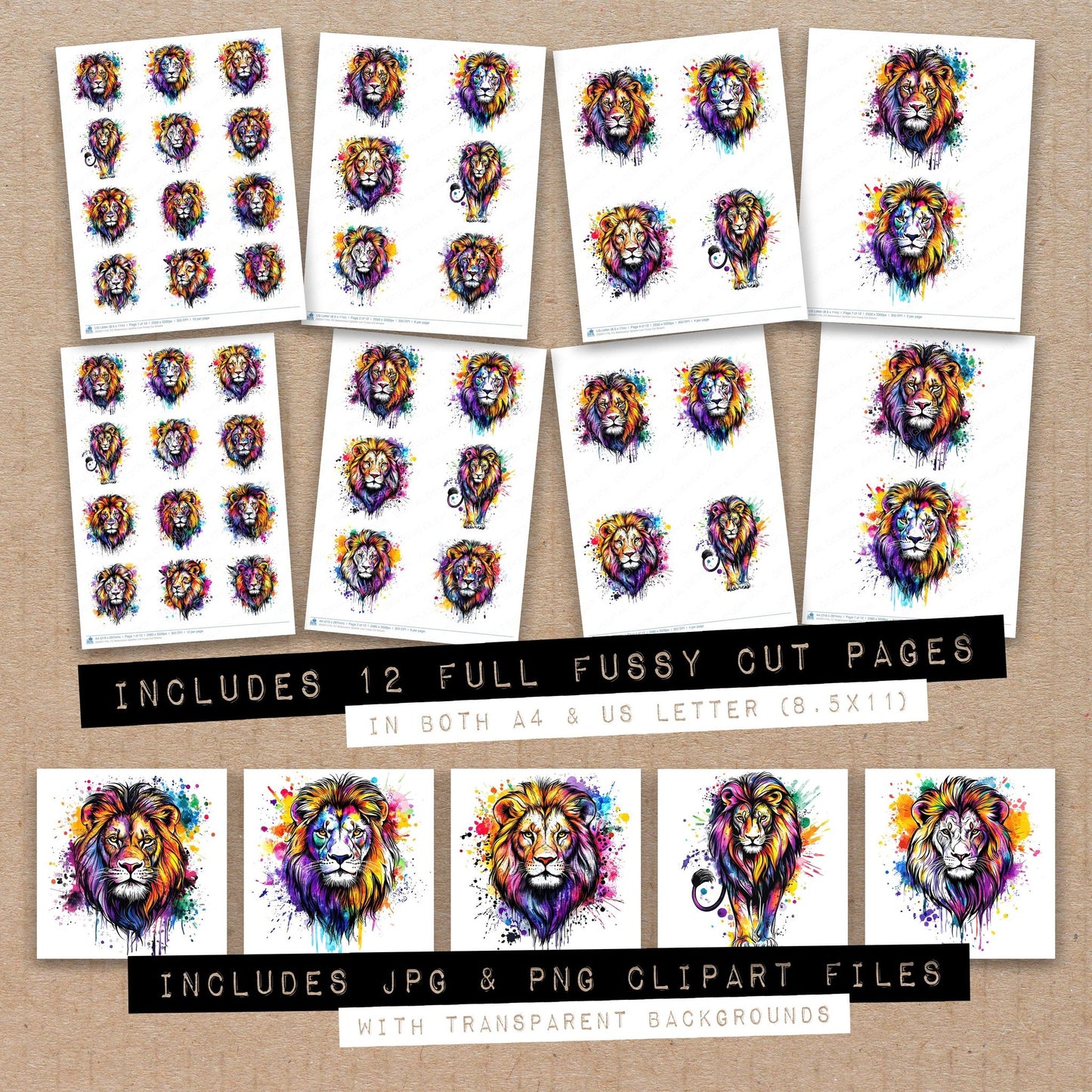 Full collection view of Watercolour Splatter Lion fussy cut sheets with bonus clipart JPG and PNG files
