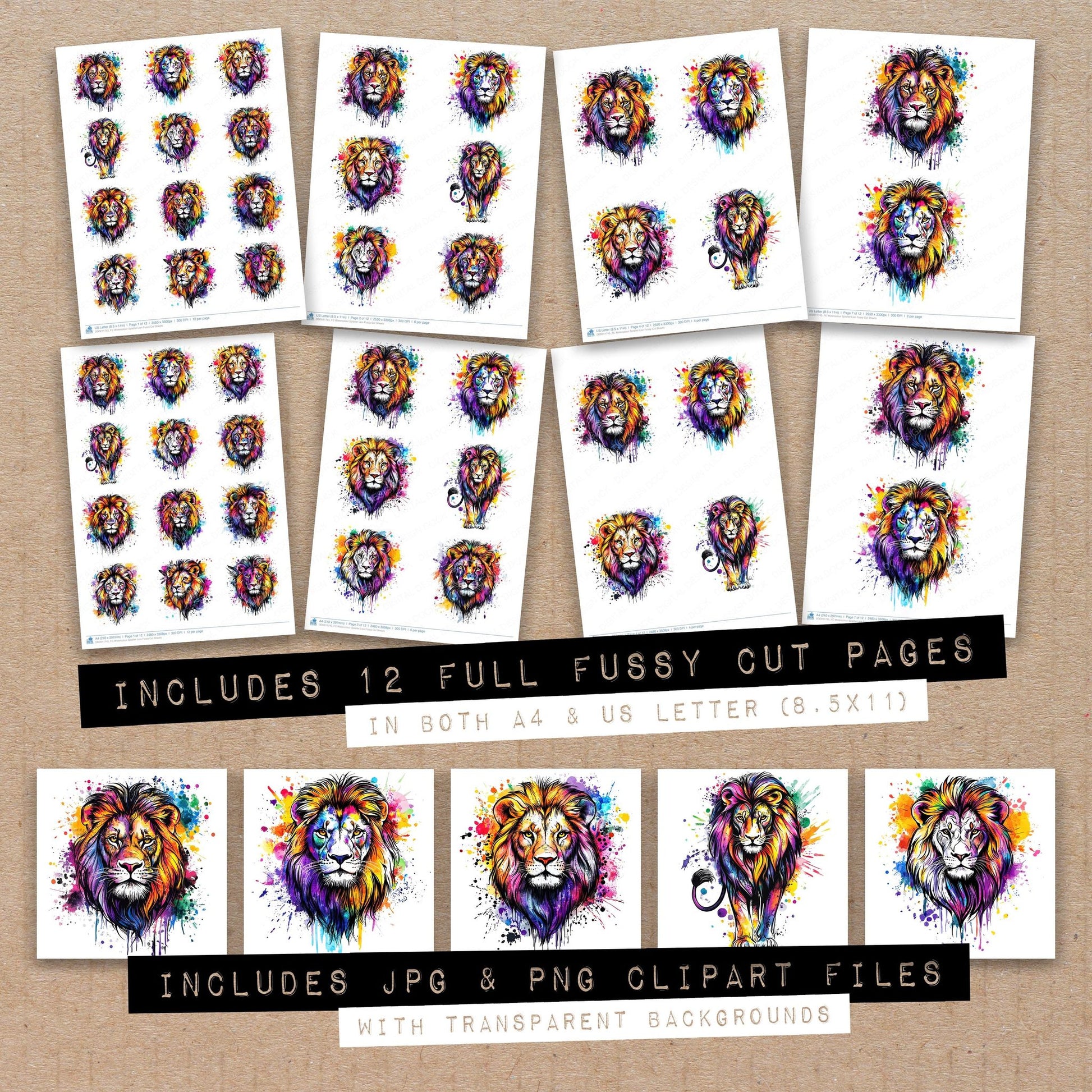 Full collection view of Watercolour Splatter Lion fussy cut sheets with bonus clipart JPG and PNG files