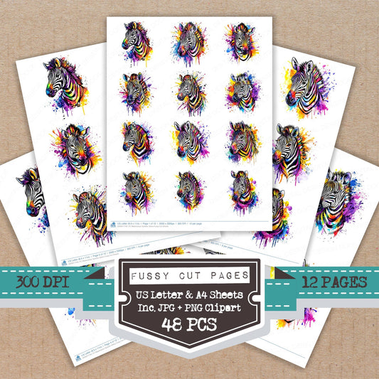 Watercolour Splatter Zebra fussy cut printable sheets for junk journaling, scrapbooking, and paper craft projects