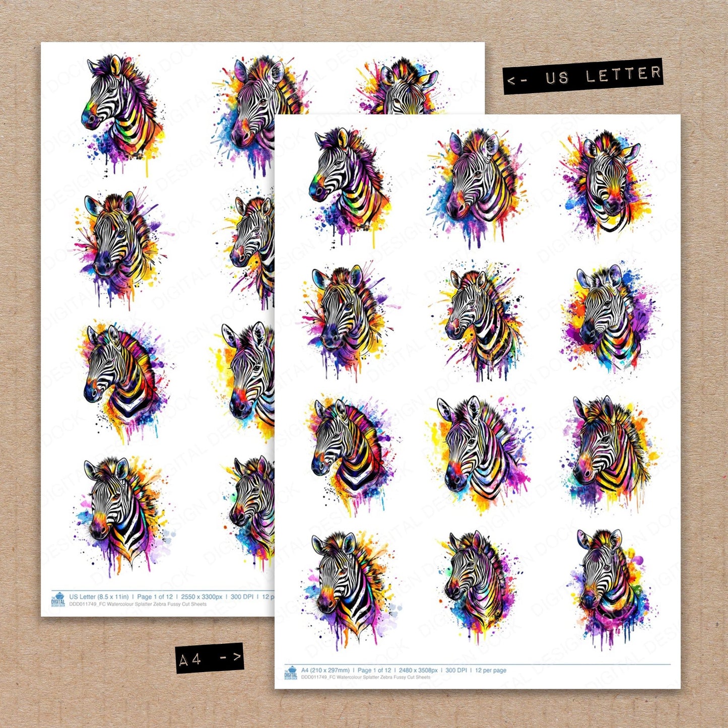 A4 and US Letter format comparison showing Watercolour Splatter Zebra fussy cut pages for print and cut crafting