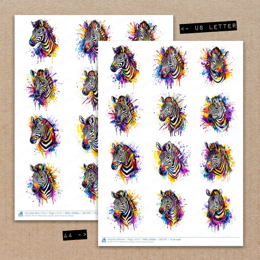 A4 and US Letter format comparison showing Watercolour Splatter Zebra fussy cut pages for print and cut crafting