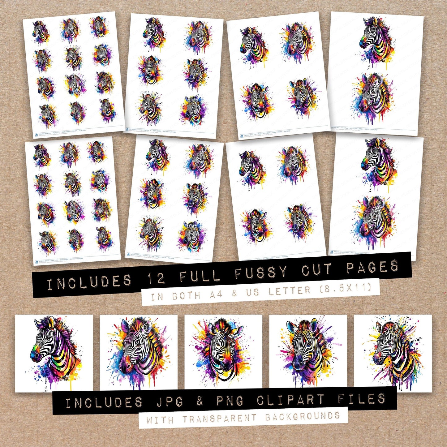 Full collection view of Watercolour Splatter Zebra fussy cut sheets with bonus clipart JPG and PNG files