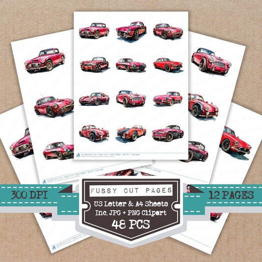 Watercolour Sports Car fussy cut printable sheets for junk journaling, scrapbooking, and paper craft projects