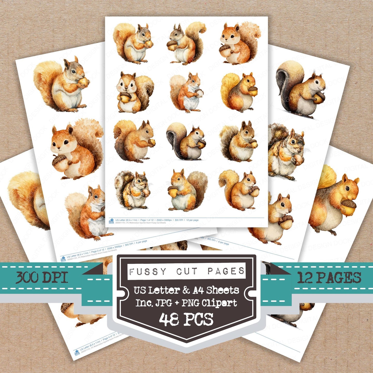 Watercolour Squirrel Acorn fussy cut printable sheets for junk journaling, scrapbooking, and paper craft projects
