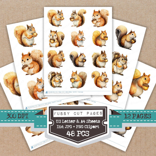 Watercolour Squirrel Acorn fussy cut printable sheets for junk journaling, scrapbooking, and paper craft projects