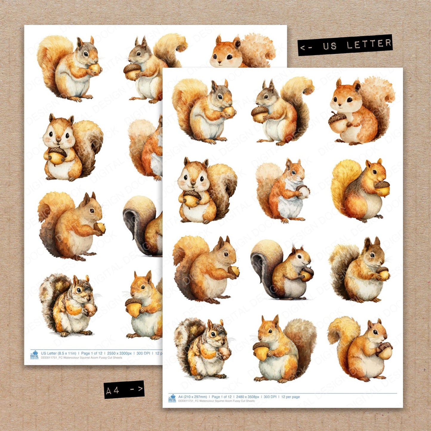 A4 and US Letter format comparison showing Watercolour Squirrel Acorn fussy cut pages for print and cut crafting