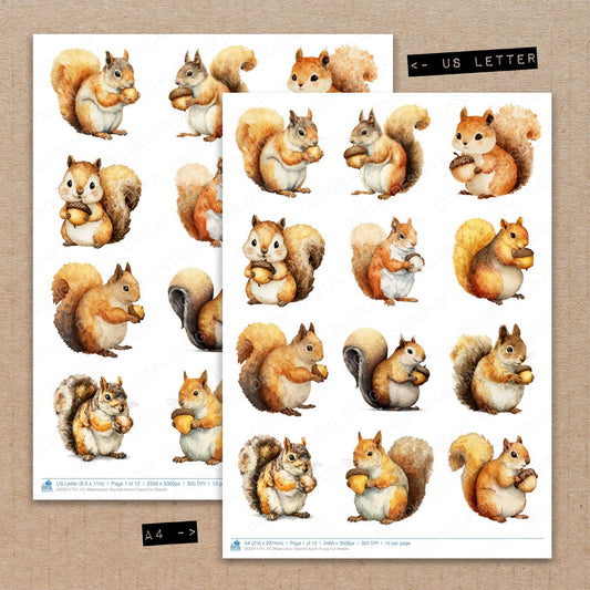 A4 and US Letter format comparison showing Watercolour Squirrel Acorn fussy cut pages for print and cut crafting