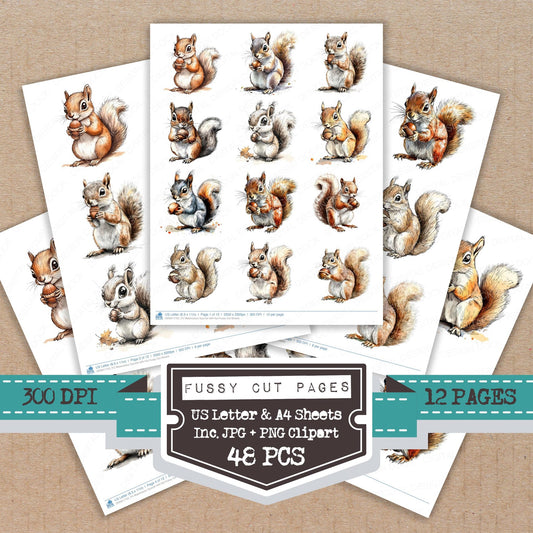 Watercolour Squirrel with Nut fussy cut printable sheets for junk journaling, scrapbooking, and paper craft projects