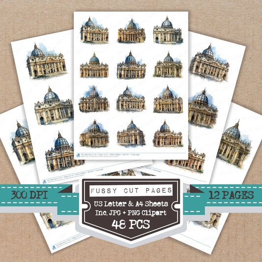 Watercolour St Peters Basilica fussy cut printable sheets for junk journaling, scrapbooking, and paper craft projects