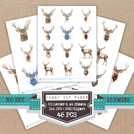 Watercolour Stag fussy cut printable sheets for junk journaling, scrapbooking, and paper craft projects