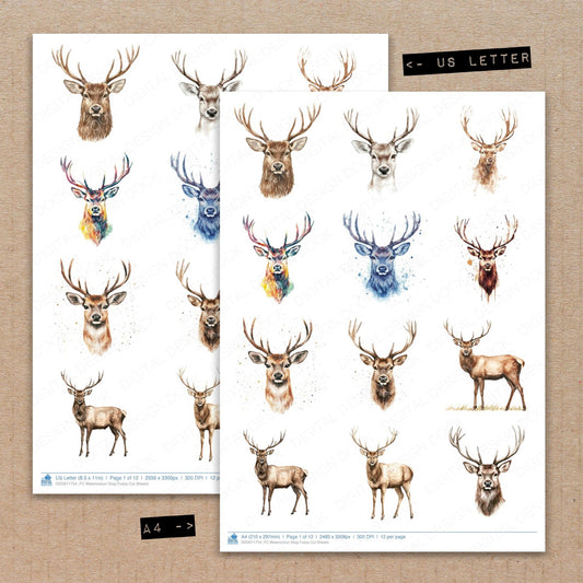 A4 and US Letter format comparison showing Watercolour Stag fussy cut pages for print and cut crafting