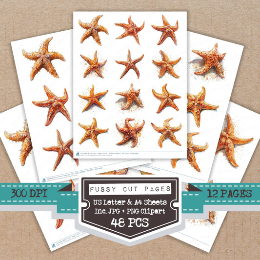 Watercolour Starfish fussy cut printable sheets for junk journaling, scrapbooking, and paper craft projects