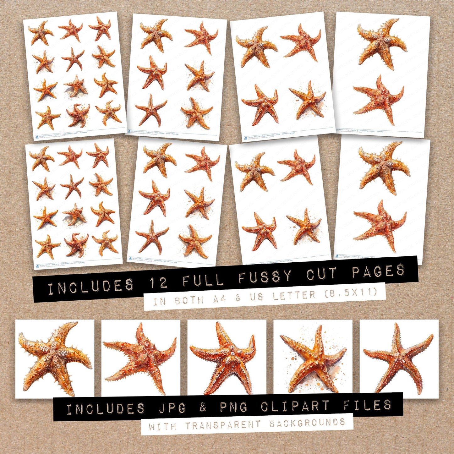 Full collection view of Watercolour Starfish fussy cut sheets with bonus clipart JPG and PNG files