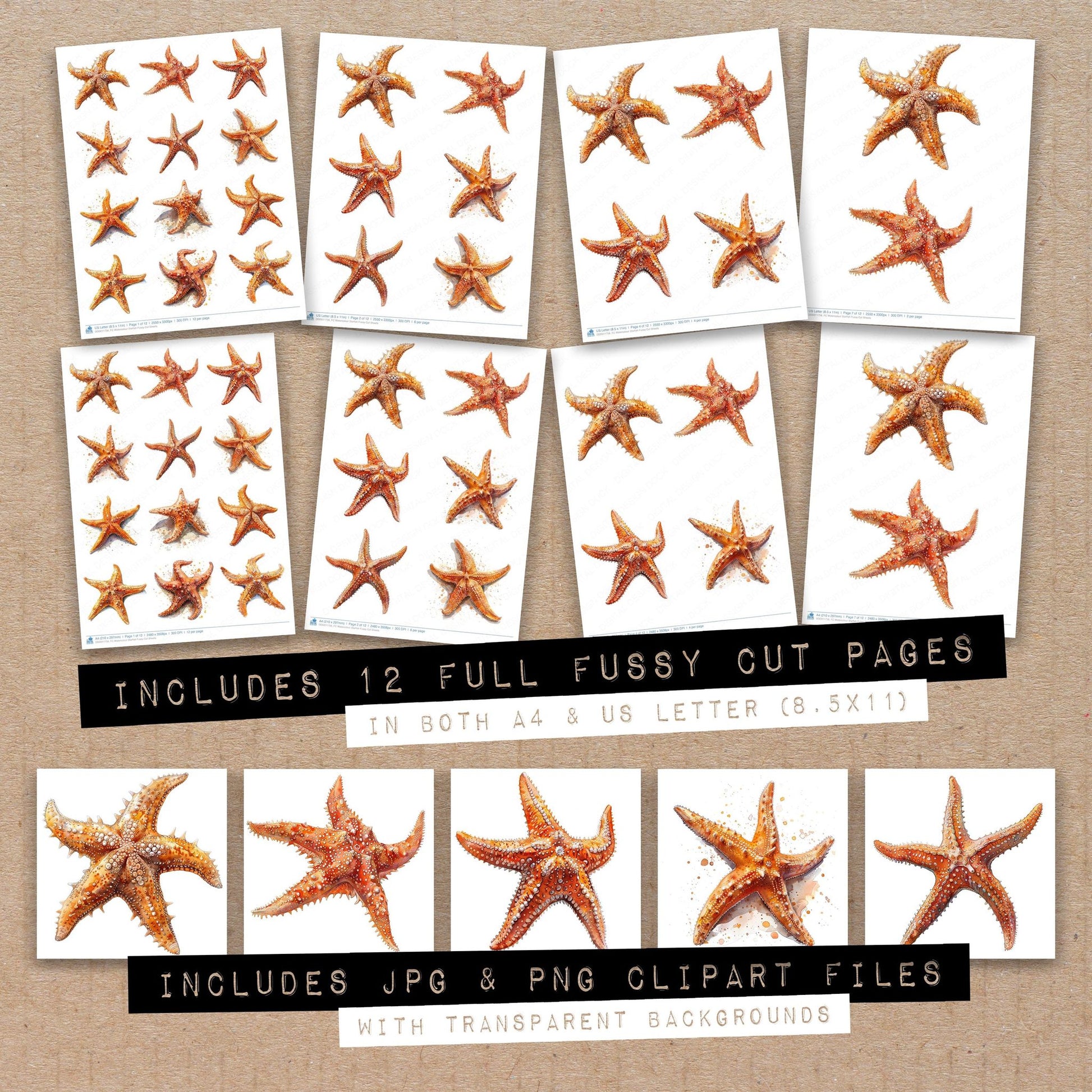 Full collection view of Watercolour Starfish fussy cut sheets with bonus clipart JPG and PNG files