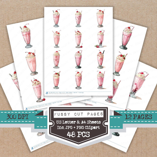 Watercolour Strawberry Milkshake Fussy Cut Sheets (DDD011758)