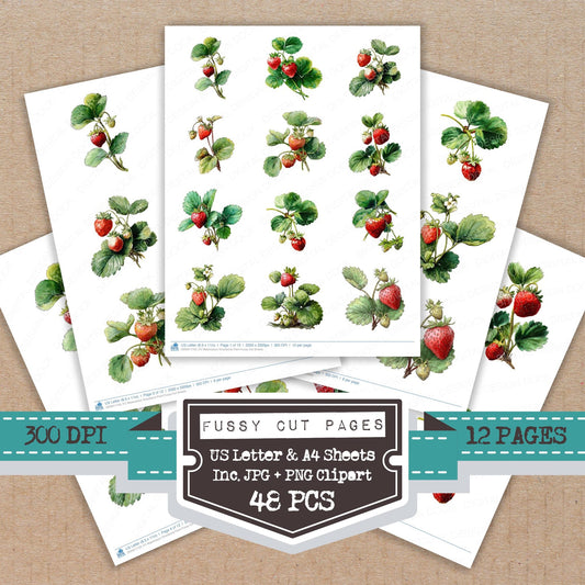 Watercolour Strawberry Plant fussy cut printable sheets for junk journaling, scrapbooking, and paper craft projects