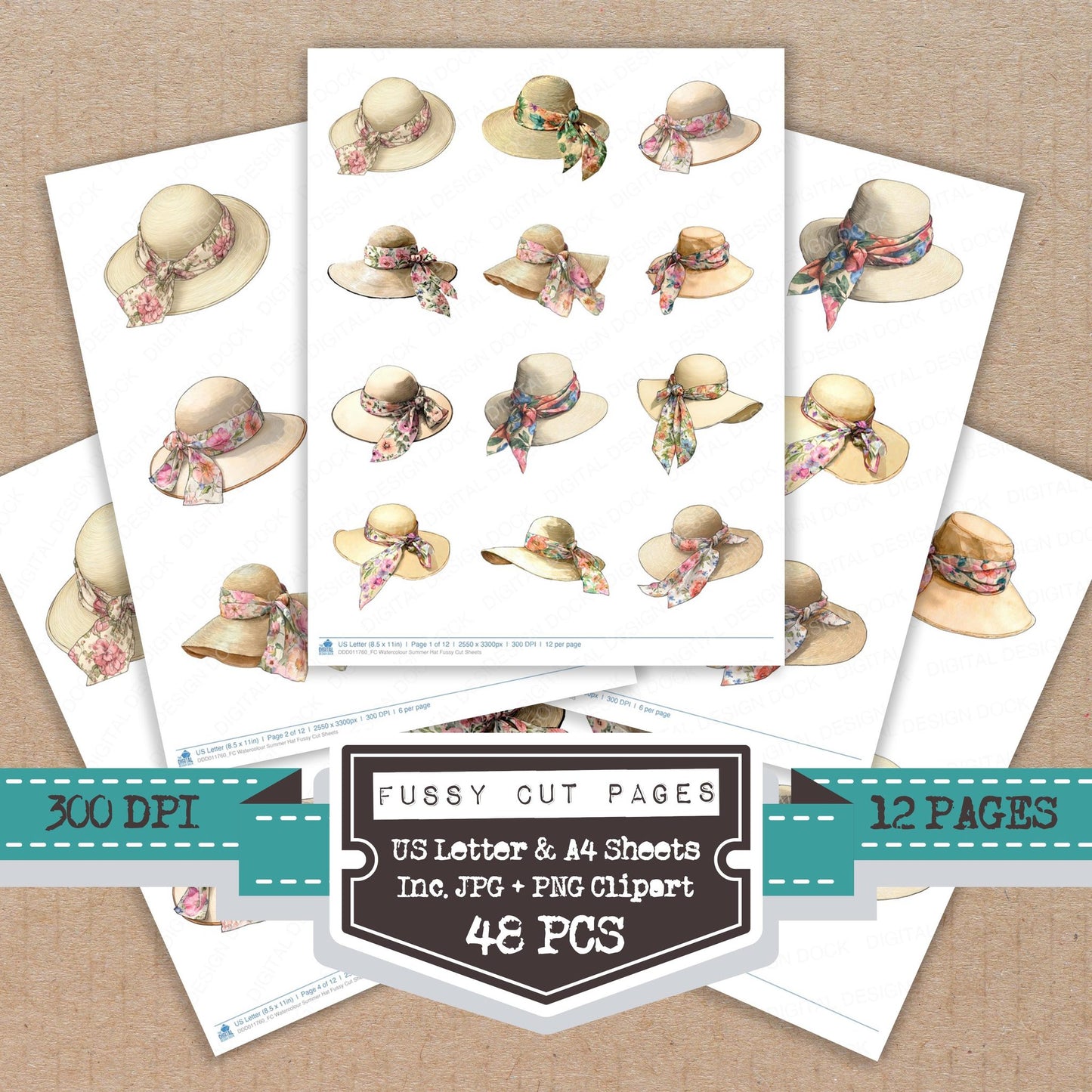 Watercolour Summer Hat fussy cut printable sheets for junk journaling, scrapbooking, and paper craft projects