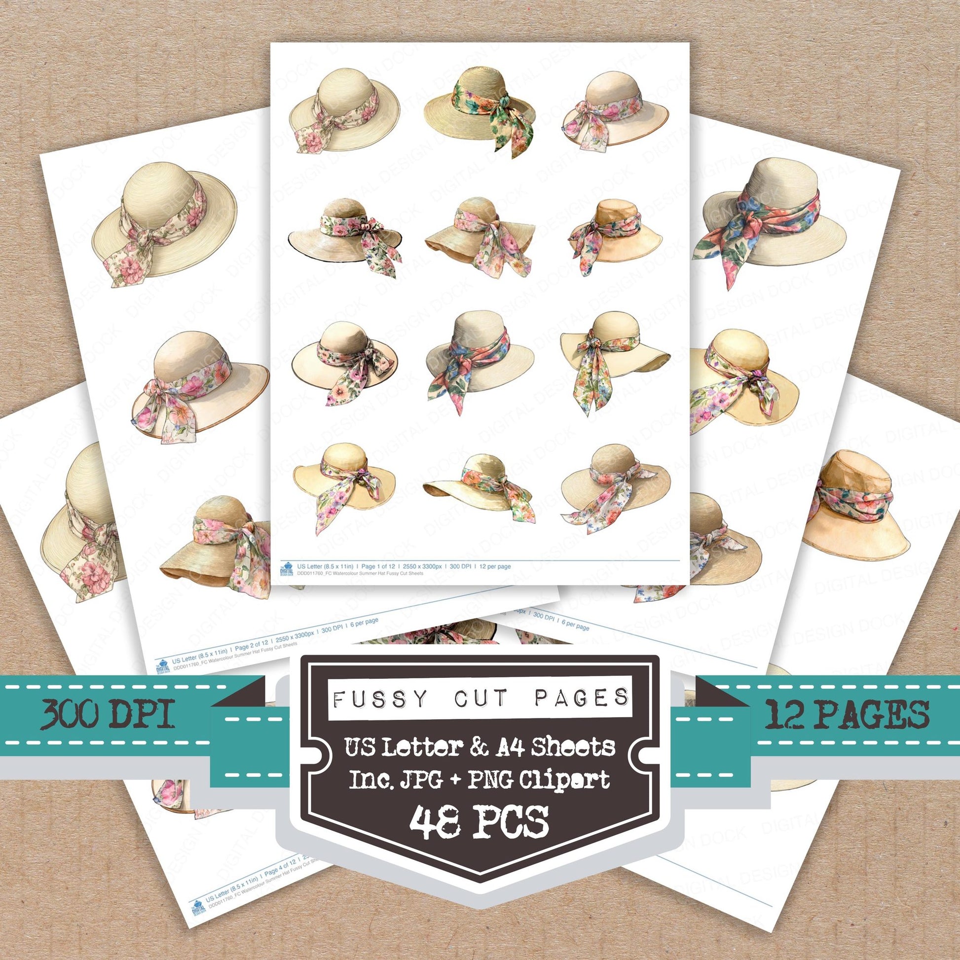 Watercolour Summer Hat fussy cut printable sheets for junk journaling, scrapbooking, and paper craft projects