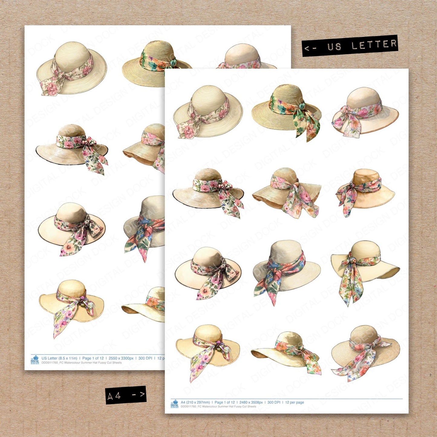 A4 and US Letter format comparison showing Watercolour Summer Hat fussy cut pages for print and cut crafting