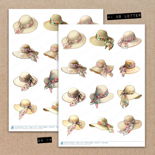 A4 and US Letter format comparison showing Watercolour Summer Hat fussy cut pages for print and cut crafting
