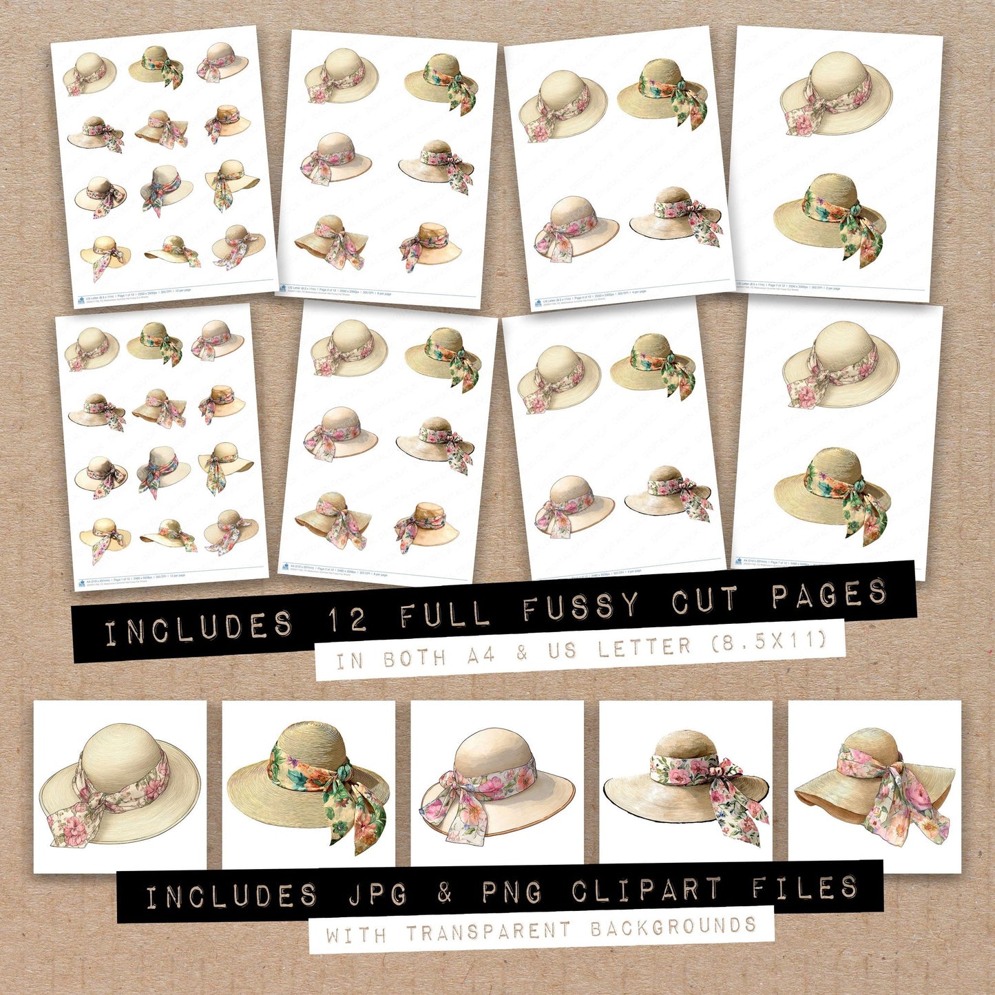 Full collection view of Watercolour Summer Hat fussy cut sheets with bonus clipart JPG and PNG files