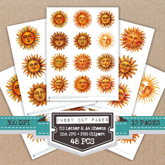 Watercolour Sun Face fussy cut printable sheets for junk journaling, scrapbooking, and paper craft projects