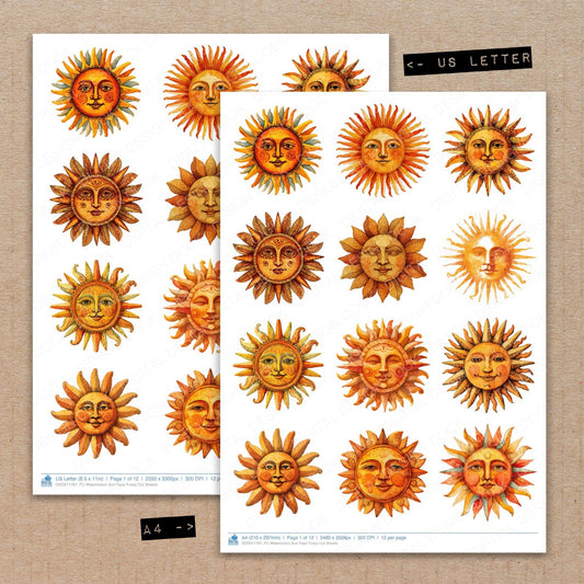 A4 and US Letter format comparison showing Watercolour Sun Face fussy cut pages for print and cut crafting