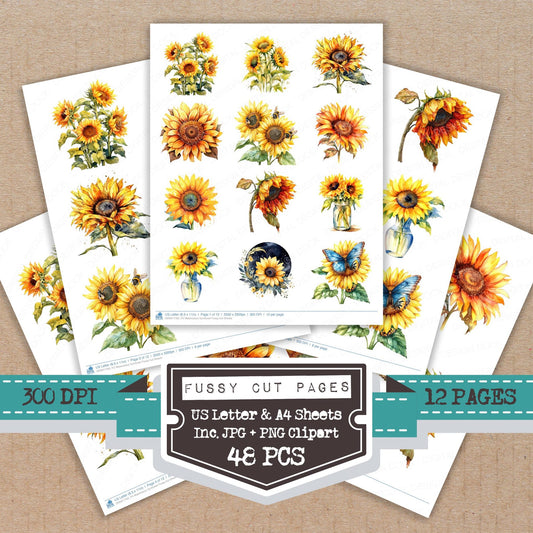 Watercolour Sunflower fussy cut printable sheets for junk journaling, scrapbooking, and paper craft projects