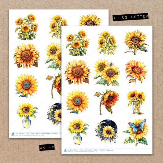 A4 and US Letter format comparison showing Watercolour Sunflower fussy cut pages for print and cut crafting