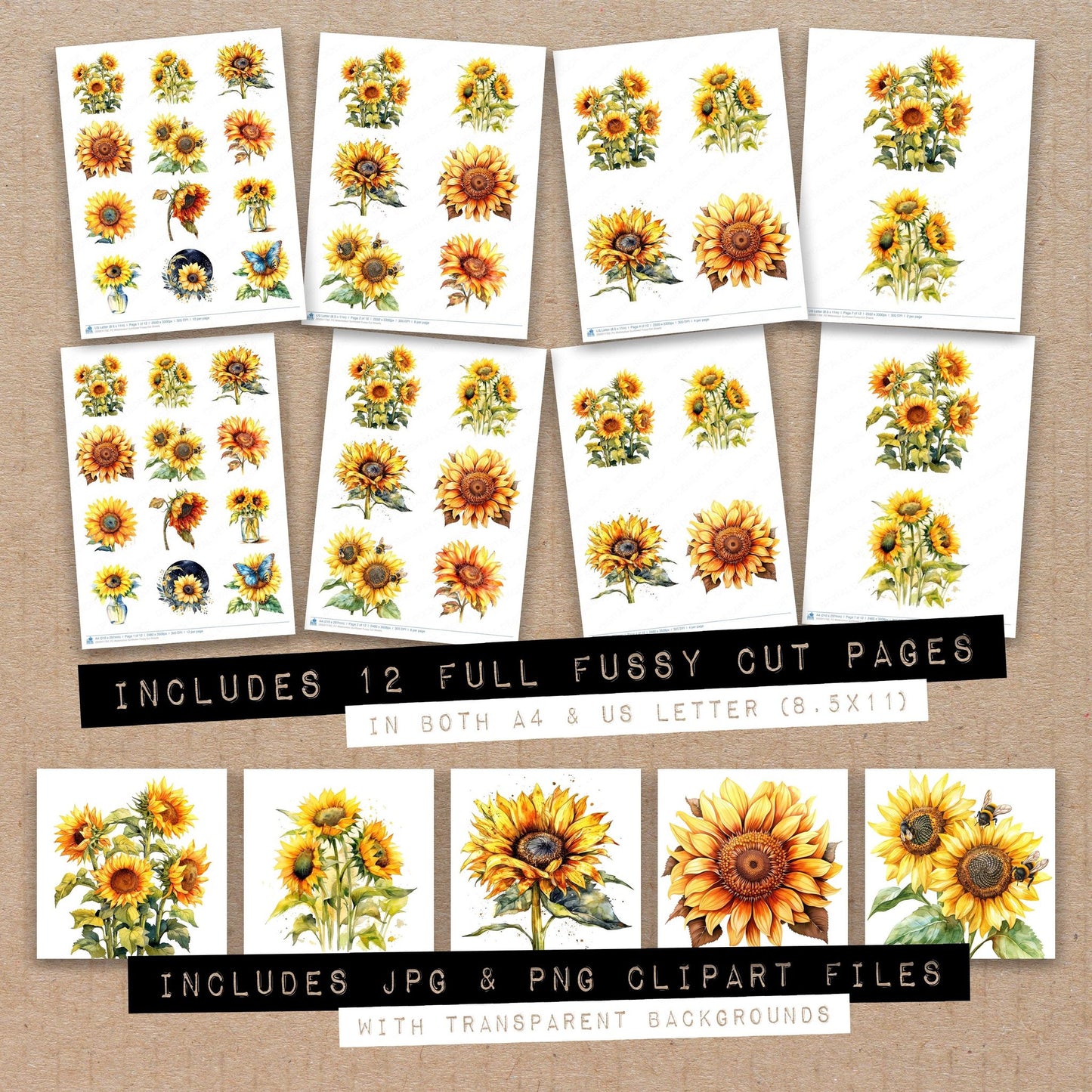 Full collection view of Watercolour Sunflower fussy cut sheets with bonus clipart JPG and PNG files
