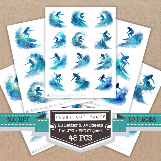 Watercolour Surfer on Wave fussy cut printable sheets for junk journaling, scrapbooking, and paper craft projects