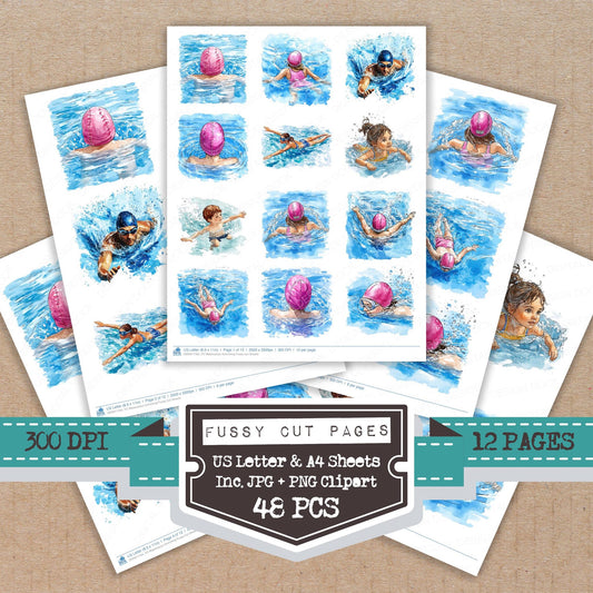 Watercolour Swimming fussy cut printable sheets for junk journaling, scrapbooking, and paper craft projects