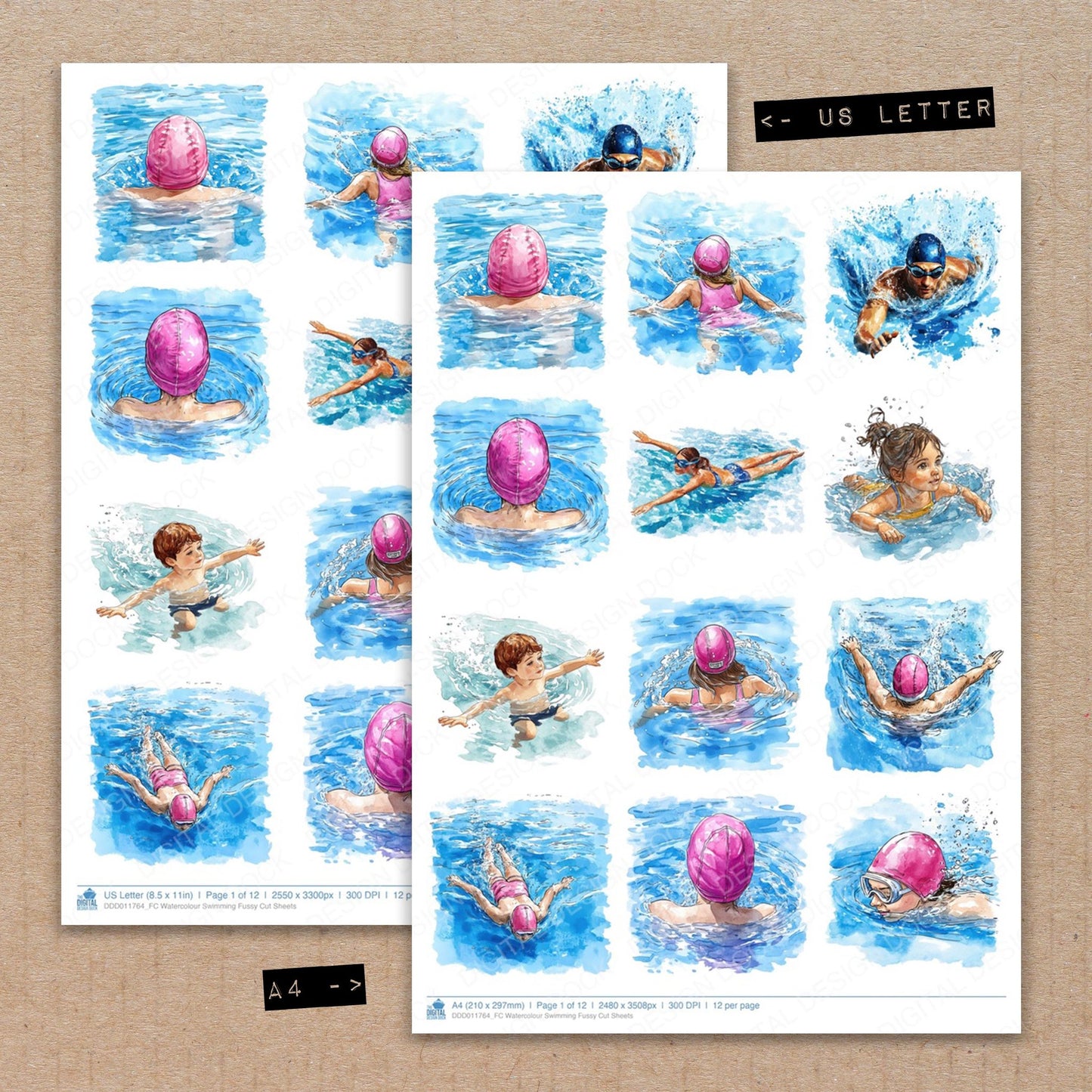 A4 and US Letter format comparison showing Watercolour Swimming fussy cut pages for print and cut crafting