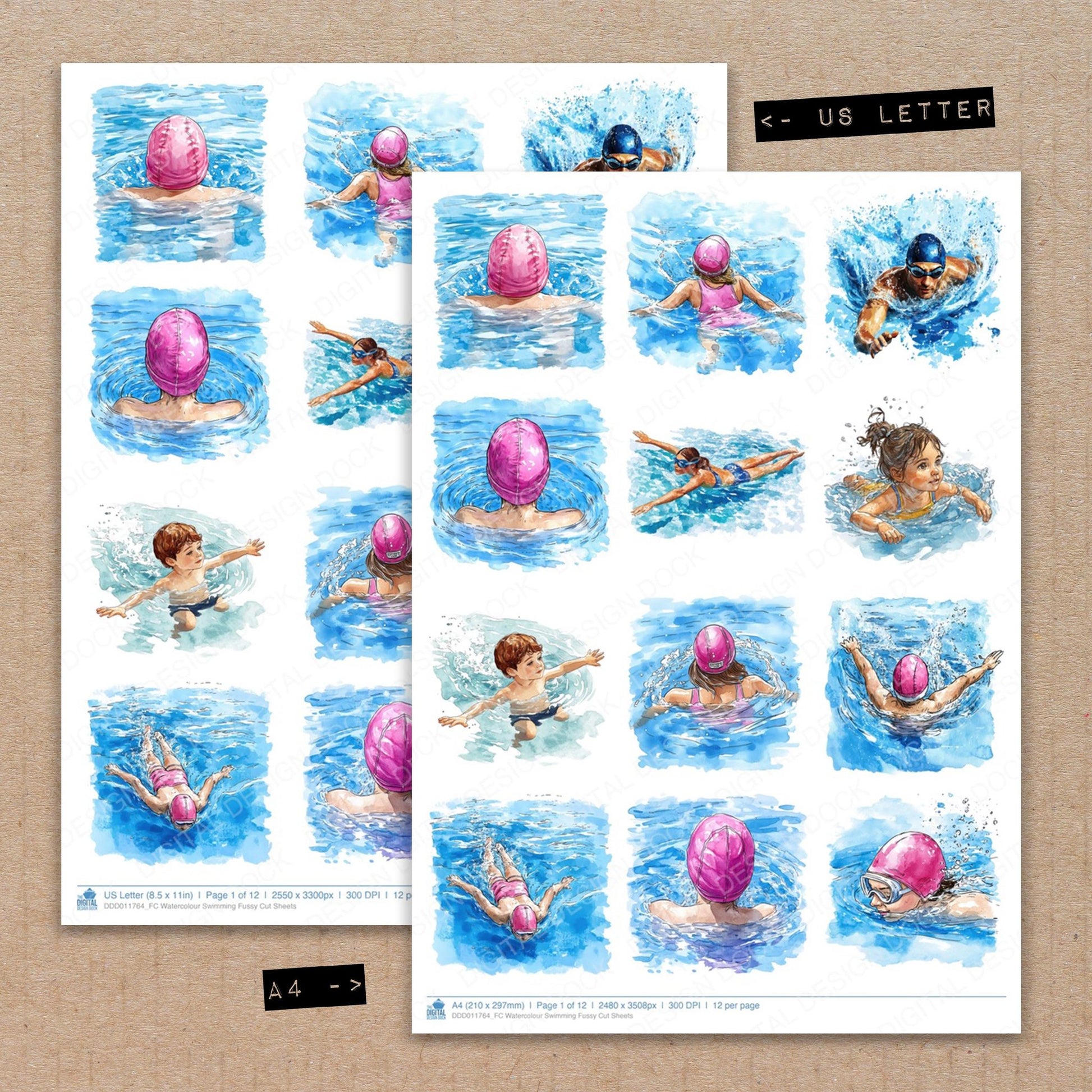 A4 and US Letter format comparison showing Watercolour Swimming fussy cut pages for print and cut crafting