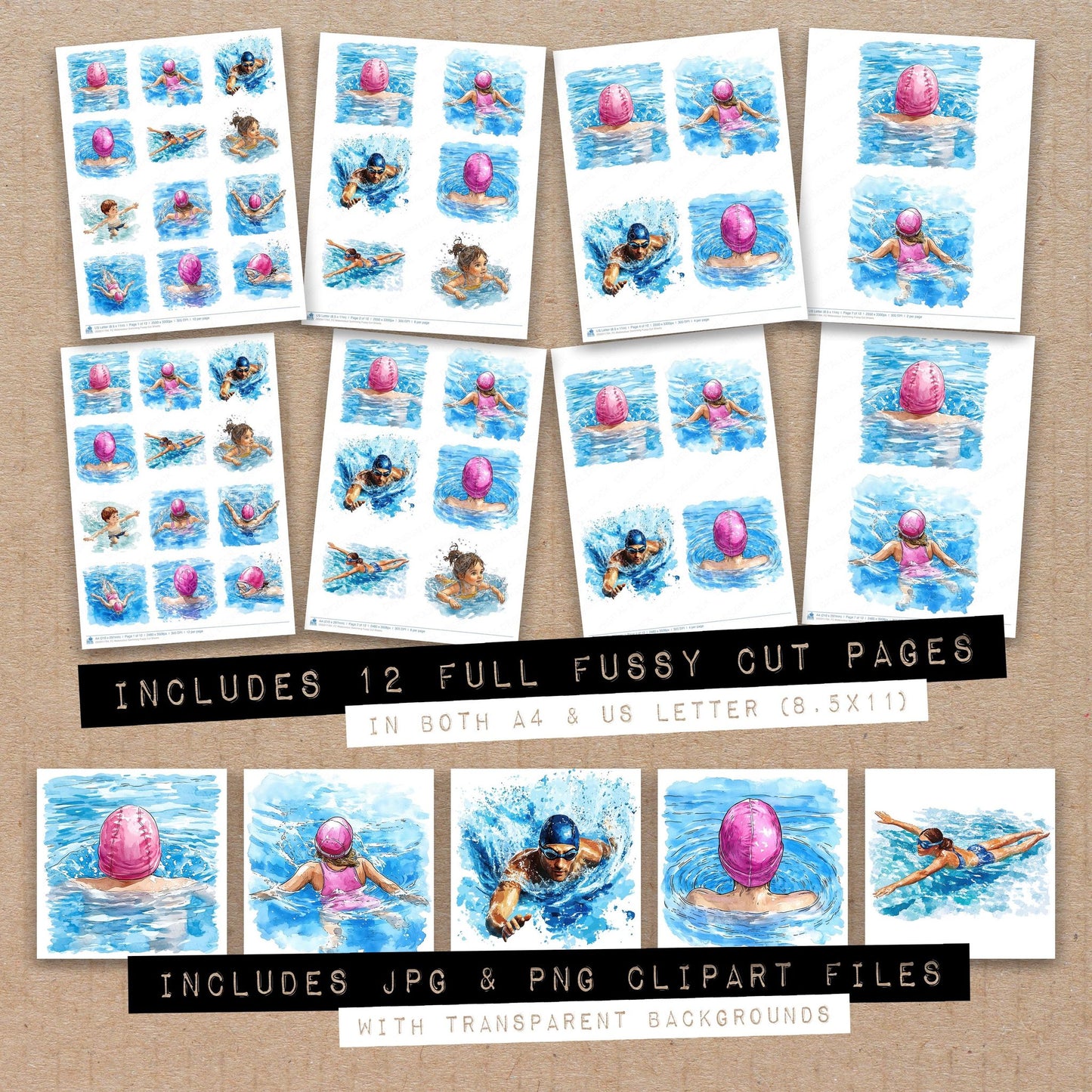 Full collection view of Watercolour Swimming fussy cut sheets with bonus clipart JPG and PNG files